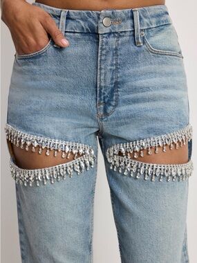 Light Blue Straight-Leg Jeans with Silver Crystal Fringe